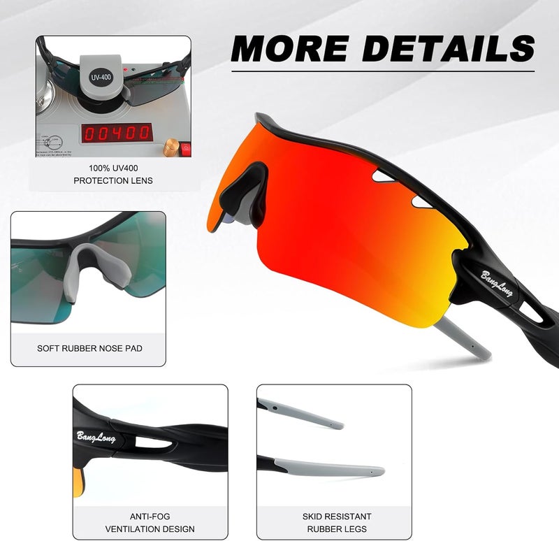 BangLong Polarized Sports Sunglasses Cycling Sun Glasses for Men Women with 5 Interchangeable Lenes for Running Baseball Golf - Image 4